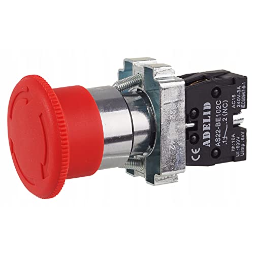 Not-Aus-Druckschalter Taster Stoppschalter Roter Pilz 10A 600V 1NC 22mm mit Metallflansche von ADELID