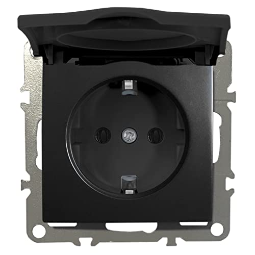 Schuko Steckdose Unterputz Schutzkontakt-Steckdose 1-Fach 16A 220-250V mit Deckel Schwarz Matt von ADELID
