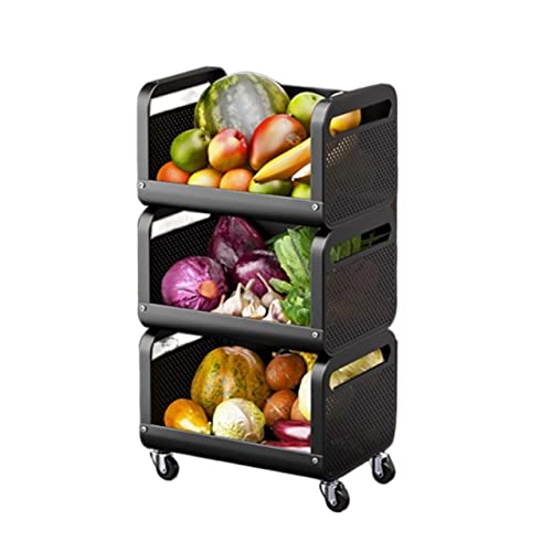 Küchen Organizer Stapelbares Küchenregal Mehrschichtige Obst- und Gemüsekorb-Aufbewahrungsbox mit Rollgestell Mobiles Lagerregal Lagerregal(3-Layer,L) von ADERFETBI
