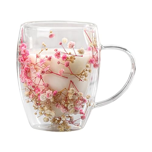 ADERN Doppelwandige Kaffeetasse | Doppelwandige isolierte Glasbecher mit getrockneten Blumen und Griff | 350ml Blumenbecher | Hitzebeständige Teetassen | Anti-Verbrühungs-Teetassen aus Glas von ADERN