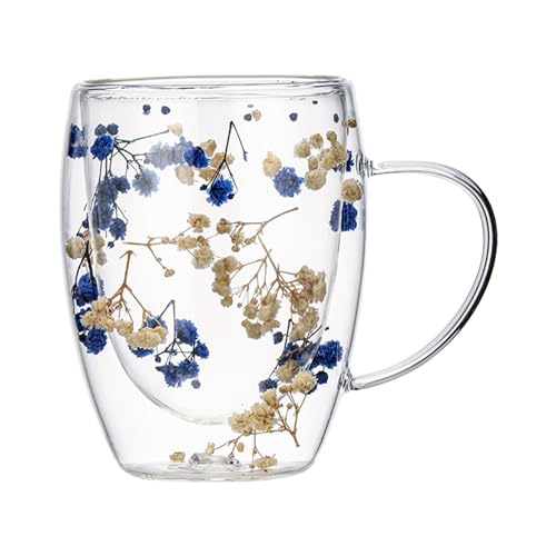 ADERN Doppelwandige Kaffeetasse | Doppelwandige isolierte Glasbecher mit getrockneten Blumen und Griff | 350ml Blumenbecher | Hitzebeständige Teetassen | Anti-Verbrühungs-Teetassen aus Glas von ADERN