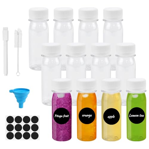 ADERTOS 12 Stück Saftflaschen 60ml Kleine Flaschen zum Befüllen Plastik Mini Plastikflaschen Klare Ingwer Shot Fläschchen mit Trichter Etikett Stift Pinsel für Saft Smoothie Milch Whisky Schnaps von ADERTOS