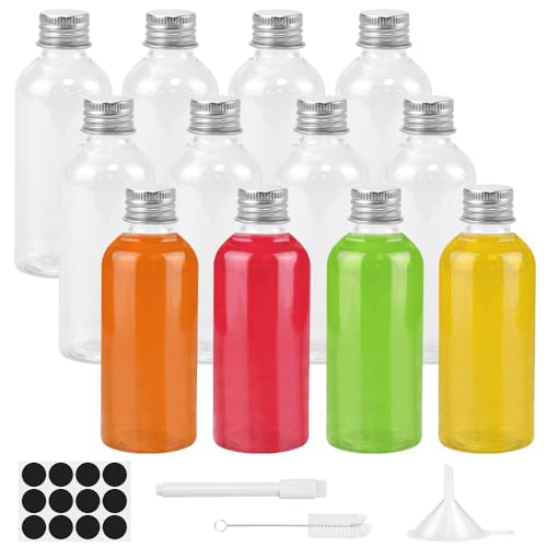 ADERTOS 12 Stücke Saftflaschen Mini Plastikflaschen zum Befüllen Klare PET Schnapsflaschen Klein Saftflaschen 80mL Plastikflaschen mit Trichter Etikett, Stift, Pinsel für Saft Milch von ADERTOS