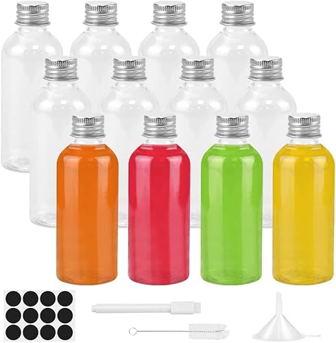 ADERTOS 12 Stücke Saftflaschen Mini Plastikflaschen zum Befüllen Klare PET Schnapsflaschen Klein Saftflaschen 80mL Plastikflaschen mit Trichter Etikett, Stift, Pinsel für Saft Smoothie, Milch, Whisky von ADERTOS