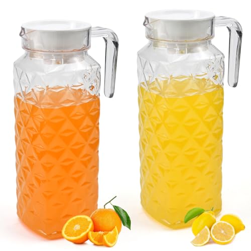 ADERTOS 2 Stücke Wasserkrug 1.1Liter Wasserkaraffe Plastik Krug mit Deckel Transparente Wasser Krüge Kunststoff Eistee Krug mit Griff Plastik Getränkekaraffe für kühlschrank für Kaltes Heißes Wasser von ADERTOS