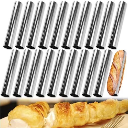 ADERTOS 20 Stück Cannoli Form Edelstahl Cannoli Röhrchen Klein Schaumrollenformen Croissant Rolls Backform Hörnchen Backformen Schaumrollen Silber Schillerlockenform mit Reinigungsbürst für Sahnehorn von ADERTOS
