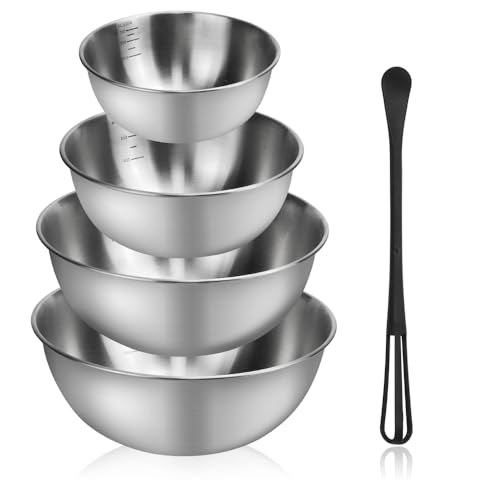 ADERTOS 4 Stk Rührschüssel 2.5/1.8/1.2/0.7L Edelstahlschüsseln Küchenschüssel Edelstahl Salatschüssel mit Skala Servierschüssel Teigschüssel Stapelbar Schüsselset Rührschüsselset mit Rührstab von ADERTOS