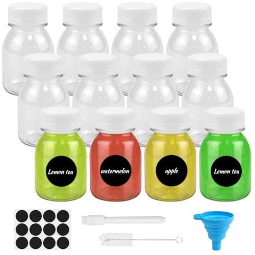 ADERTOS 12 Stücke Saftflaschen Mini Plastikflaschen zum Befüllen Klare PET Schnapsflaschen Klein Saftflaschen 120mL Plastikflaschen mit Trichter Etikett, Stift, Pinsel für Saft Smoothie, Milch, Whisky von ADERTOS