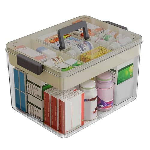ADERTOS Medizinbox Doppelschichtig Medicine Box Hausapotheke Kiste Plastik Apotheken Organizer Kunststoff Aufbewahrungsbox Medikamente Erste Hilfe Box mit Griffe 26x16x15cm Medizinkoffer für zuhause von ADERTOS
