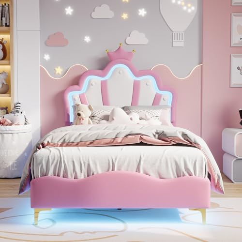 ADFUNIT Kinderbett 90x200, Polsterbett Einzelbett für Mädchen, kronenförmiges Prinzessinnenbett, jugendbett mit weiche aus PU und Einstellbarer LED-Lichtleisten, Rosa (Ohne Matratze) von ADFUNIT