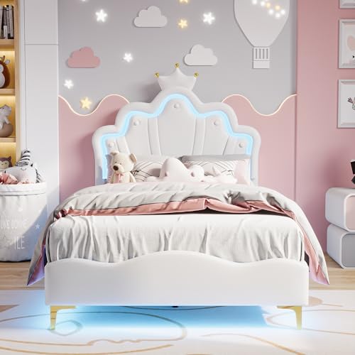 ADFUNIT Kinderbett 90x200, Polsterbett Einzelbett für Mädchen, kronenförmiges Prinzessinnenbett, jugendbett mit weiche aus PU und Einstellbarer LED-Lichtleisten, Weiß (Ohne Matratze) von ADFUNIT