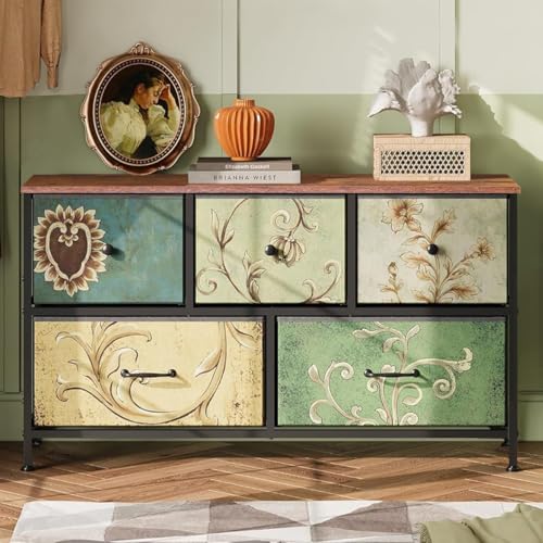 ADFUNIT Kommode mit 5 Schubladen, Sideboard Komodenschrank Beistellschrank, Schmal Stoffkommode für Wohnzimmer Schlafzimmer Flur Rustikales, 100x30x55.2 cm von ADFUNIT