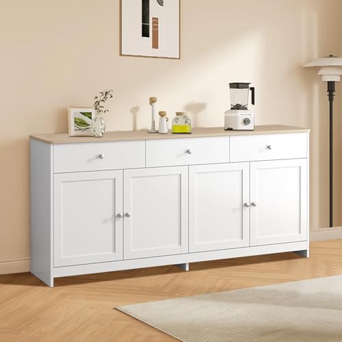 ADFUNIT Küchenschrank, Sideboard mit 3 Schubladen und 4 Türen, Buffetschrank mit Verstellbare Ablage, Küchenkommode für Wohnzimmer Küche Esszimmer, Natur & Weiß ADFUNIT Küchenschrank, Sideboard mit 3 Schubladen und 4 Türen, Buffetschrank mit Verstellbare Ablage, Küchenkommode für Wohnzimmer Küche Esszimmer, Natur & Weiß von ADFUNIT