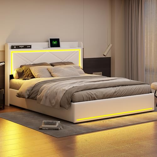 ADFUNIT Polsterbett 140x200 cm mit LED und USB, Boxspringbett mit Stauraum und Lattenrost, Modernes Jugendbett Hydraulisch Stauraumbett, Ohne Matratze, PU Beige ADFUNIT Polsterbett 140x200 cm mit LED und USB, Boxspringbett mit Stauraum und Lattenrost, Modernes Jugendbett Hydraulisch Stauraumbett, Ohne Matratze, PU Beige von ADFUNIT