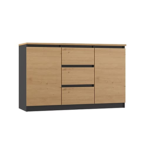 ADGO 2D3S Anthrazit/Artisan kommode mit schubladen und 2 Türen Kommode 120cm breit x 75cm höh x 40cm tief, Sideboard Schlafzimmer Kleiderschrank Kommode Schrank mit Regalen (Versand in 2 Packs) von ADGO