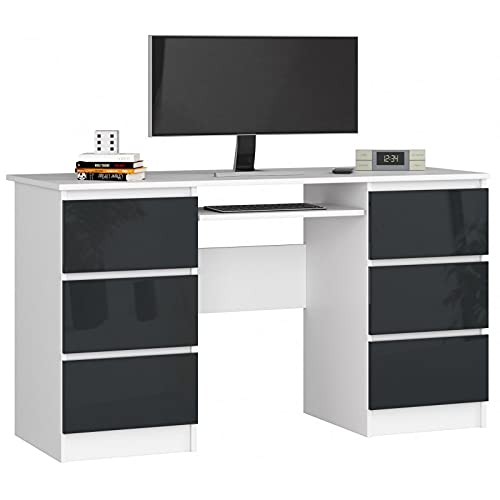 ADGO A-11 Computertisch mit 6 Schubladen Schubkästen, Ausziehbarer Tastaturablage 135x77x50cm, Bürotisch Großer Arbeitsfläche, Klassischer Schreibtisch (Versand in 2 Packungen) (Weiß/Graphitglanz) von ADGO