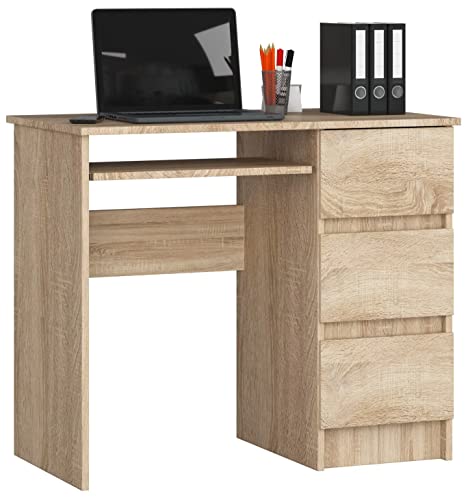 ADGO A-6 CLP Computertisch mit 3 Schubladen 90x77x50 cm, Ausziehbare Tastaturablage, Bürotisch für Arbeit, Arbeitszimmer, Kinderzimmer, Schlichtes Design, Rechteckig, zum Lernen (Recht, Sonoma) von ADGO