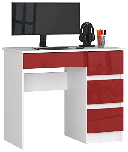 ADGO A-7 CLP Computertisch mit 4 Schubladen 90x77x50 cm, Bürotisch, Arbeitszimmer, Kinderzimmer, Schlichtes, Rechteckig, zum Lernen, Klassisch, für einen Studenten (Recht, Roter Glanz) von ADGO