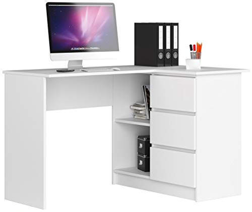 ADGO B16 Hölzerner Eckcomputertisch 124 x 77 x 85 cm mit 3 Schubladen für einen Raum für Kinder und Jugendliche Werkstatt und Büro (Richtig, White) von ADGO