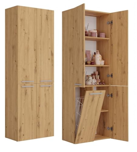 ADGO Badezimmerschrank mit Wäschekorb Nel - Kleiderschrank - Badezimmermöbel - Badezimmerregal - Aufbewahrungsschrank - Bad Hochschrank - Badezimmerschrank Hoch - Mehrzweckschrank - Wäscheschrank von ADGO