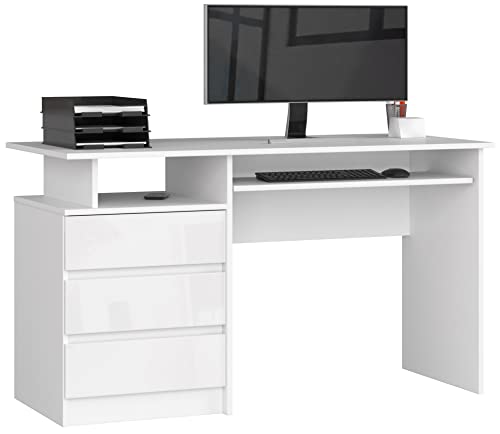 ADGO CLP 135cm Computertisch mit 3 Schubladen, 1 Einlegeboden 135x77x60 cm, Ausziehbare Tastaturablage, Bürotisch für Arbeit, Rechteckig, zum Lernen (Versand in 2 Paketen) (Weiß/Weißer Glanz) von ADGO