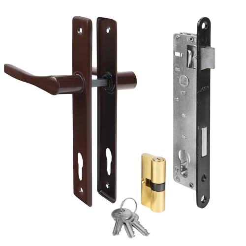 ADGO Drücker garnitur Türgriff+Türschloss zylinder+Schloss mit schlüssel Garagentorgriff 90 mm Braun Schließzylinder 30/30 mm Schlüssel Einbaufertiges Kit (Braun) von ADGO