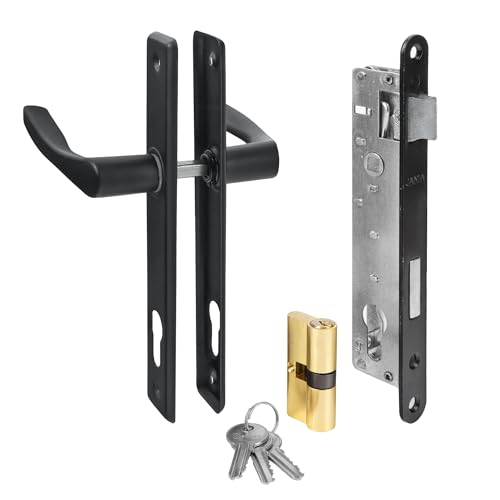 ADGO Drücker garnitur Türgriff+Türschloss zylinder+Schloss mit schlüssel Garagentorgriff 90 mm Schwarz Schließzylinder 30/30 mm Schlüssel Einbaufertiges Kit von ADGO