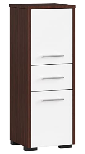 ADGO FIN Poller Badezimmerregal 30x30x85 cm, Badezimmerschrank mit 2 Türen und 1 Schublade, Badezimmermöbel, Badschrank, Midischrank, Beistellschrank, Schmales Badezimmer Regal, Eng (Wenge/Weiß) von ADGO