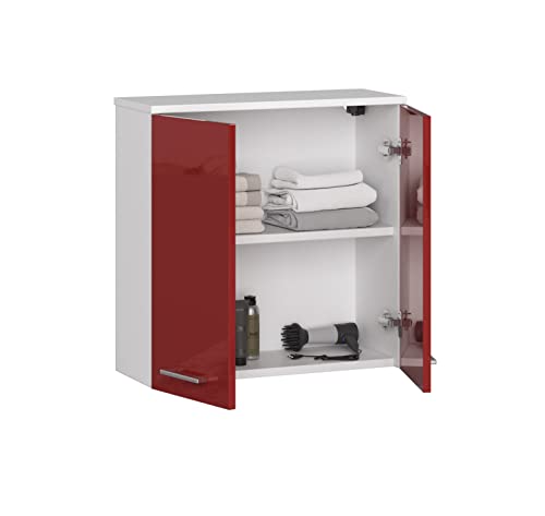 ADGO FIN W60 Badezimmerschrank Hängend 60x60x22,5 cm, Wandschrank Badezimmer Roter Glanz, Badezimmerschrank mit 2 Türen, Hängeschranke, Badmöbel, Aufbewahrungsschrank, Badschrank von ADGO