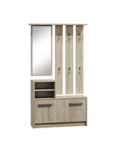 ADGO Garderobe Set Flur Sonoma Eiche Kompaktgarderobe, Flurgarderoben Set Modern, Garderobe Set, Kleiderschränke, Spiegel und Kleiderbügel und Schuhschrank, 6 Kleiderbügel für Kleidung und Mäntel von ADGO