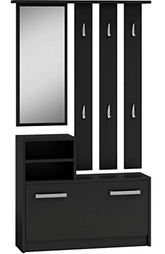 ADGO Garderobe Set Flur Schwarz, Kompaktgarderobe, Flurgarderoben Set Modern, Garderobe Set, Kleiderschränke, Spiegel und Kleiderbügel und Schuhschrank, 6 Kleiderbügel für Kleidung und Mäntel von ADGO