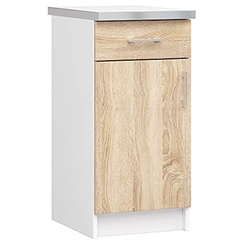 ADGO Lima Küchenschrank mit Arbeitsplatte, Weiße Küchenarbeitsplatte Arbeitplatte mit Silber-Finish, Standschrank, Unterschrank, Einbauküchenschrank, Küchenzeile, Weiß/Sonoma Eiche (S40 SZ1) von ADGO