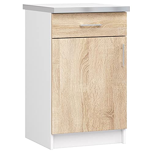 ADGO Lima Küchenschrank mit Arbeitsplatte, Weiße Küchenarbeitsplatte Arbeitplatte mit Silber-Finish, Standschrank, Unterschrank, Einbauküchenschrank, Küchenzeile, Weiß/Sonoma Eiche (S50 SZ1) von ADGO