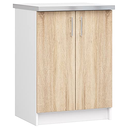 ADGO Lima Küchenschrank mit Arbeitsplatte, Weiße Küchenarbeitsplatte Arbeitplatte mit Silber-Finish, Standschrank, Unterschrank, Einbauküchenschrank, Weiß/Sonoma Eiche(Versand in 2 Packungen)(S60) von ADGO