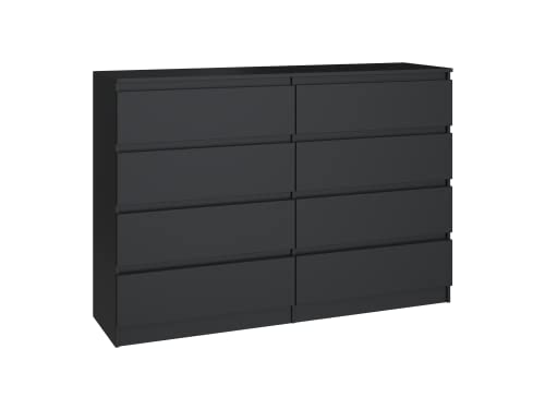 ADGO Malwa M8 140 Kommode mit 8 Schubladen 138x97x40cm, Klassischer Schrank mit Regalen für Schlafzimmer, Flur, Wohnzimmer, Kinderzimmer, Tief Freistehend Platzsparend (Versand in 3 Packs) (Schwarz) von ADGO