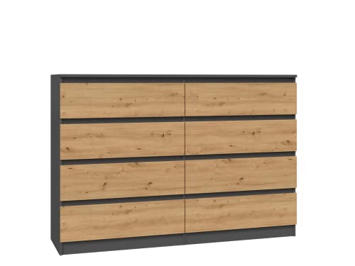 ADGO Malwa M8 140 Kommode mit 8 Schubladen 138x97x40cm, Klassischer Schrank mit Regalen für Schlafzimmer Wohnzimmer Kinderzimmer Tief Freistehend Platzsparend (Versand in 3 Packs) (Anthrazit/Artisan) von ADGO