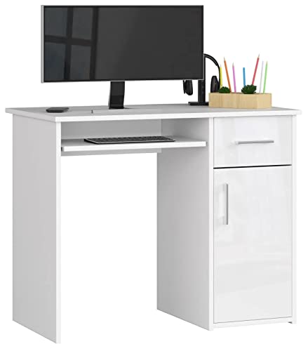 ADGO PIN Computertisch mit 1 Schublade und 1 Schrank 90x74x50 cm, Ausziehbare Tastaturablage, Bürotisch für Arbeit, Kinderzimmer, Schlichtes, Rechteckig, zum Lernen (Weiß/Weißer Glanz) von ADGO