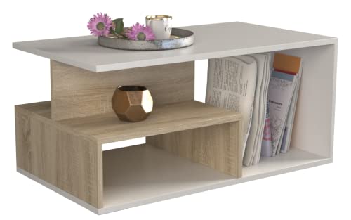 ADGO Prima Couchtisch 90x51x43cm Modern Rechteckig Kleiner Niedriger Beistelltisch für Wohnzimmer, Tisch mit Regalen und Stauraum, Geometrische Kaffeetisch Sofatisch Wohnzimmertisch (Sonoma Mix) von ADGO