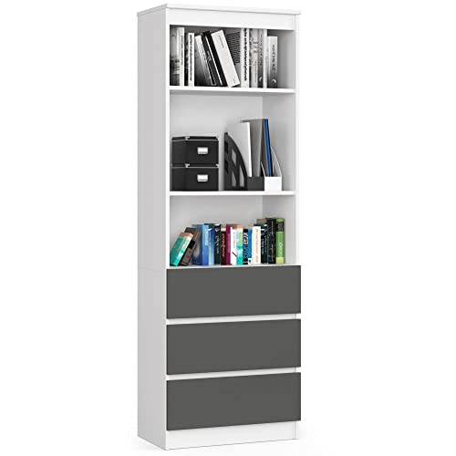 ADGO R60 Büro Bücherregal 60x180x35 cm 3 Schubladen 3 Einlegeböden Modernes Stehendes Dokumentenregal Dekoratives Großes Büro Bücherregal Weiß Graphit Grau(Versandt in 2 Packungen) von ADGO