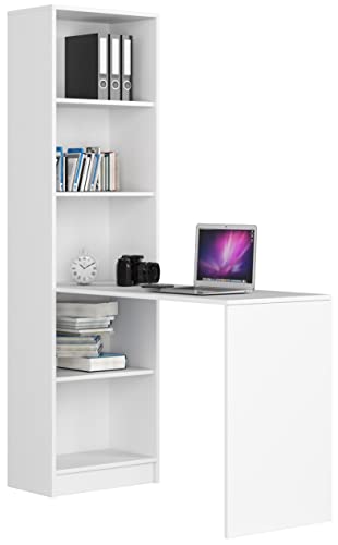 ADGO Smart CLP Schreibtisch mit Regal mit 5 Regalen 125x180x50 cm, Set Computertisch + Bücherregal 2in1, Modularer, Schreibtischset mit Stauraum, Platzsparender (Versand in 2 Paketen) (Weiß) von ADGO