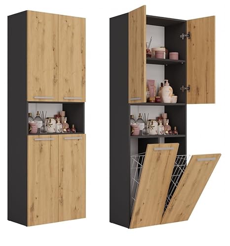 ADGO Badezimmerschrank mit Wäschekorb Nel - Kleiderschrank - Badezimmermöbel - Badezimmerregal - Aufbewahrungsschrank - Bad Hochschrank - Badezimmerschrank Hoch - Mehrzweckschrank - Wäscheschrank von ADGO