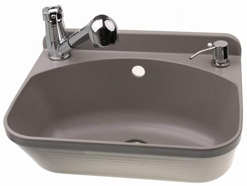 ADGO Waschbecken Waschküche Ausgussbecken Weiß + Wasserhahn mit ausziehbarem Schlauch, Seifenspender Wasserhahn Set mit Schrauben und Dübeln Waschbecken 61x44x23 cm Garage Garten Bad Haushalt Keller von ADGO