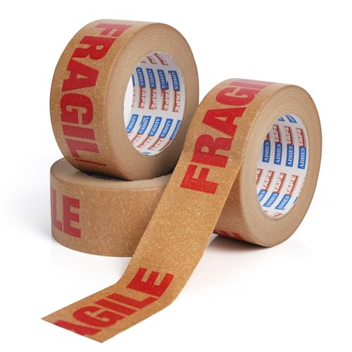 ADHES 3 ROLLS Zerbrechliche Aufkleber "FRAGILE" Braun Gedrucktes Kraftband 50mm x 50m für Verpackungen Recyclierbar Robust Wasserdicht Umweltfreundlich abnehmbare, Paketband Vorsicht Glas zerbrechlich von ADHES TAPE PURSUIT OF PERFECTION