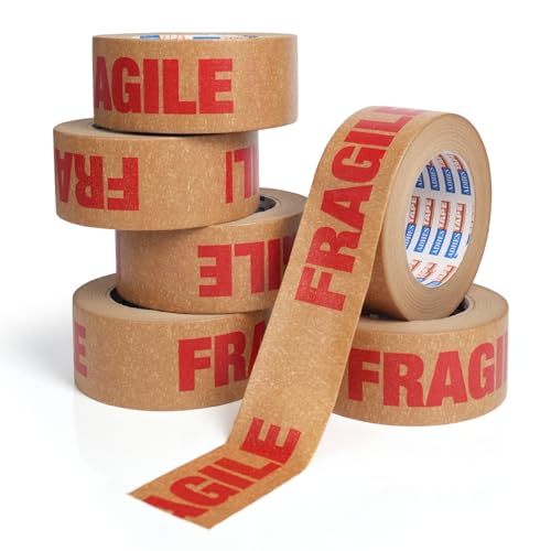 ADHES 6 ROLLS Zerbrechliche Aufkleber "FRAGILE" Braun Gedrucktes Kraftband 50mm x 50m für Verpackungen Recyclierbar Robust Wasserdicht Umweltfreundlich abnehmbare, Paketband Vorsicht Glas zerbrechlich von ADHES TAPE PURSUIT OF PERFECTION