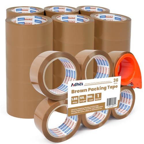 ADHES Brown Packing Tape mit Spender, 48mm x 50m, 36 Rolls Heavy Duty Brown Shipping Tape Starkes Klebeband für Verpackungskästen und Pakete von ADHES TAPE PURSUIT OF PERFECTION