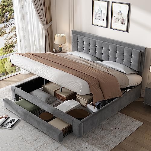 ADIBY Doppelbett 180x200, Polsterbett mit Schubladen und Stauraum, Bett mit Lattenrost und Kopfteil, Stauraumbett Polsterbett Hydraulisch Samtstoff Rückenlehne Bett (180 x 200CM, Gray) von ADIBY