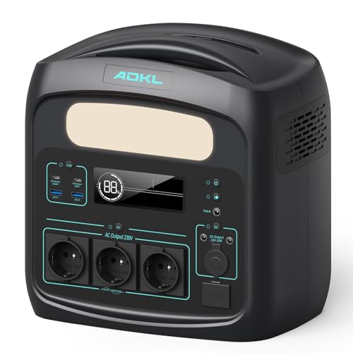 ADKL Tragbare LiFePO4 Powerstation 921.6wh,1.5 Stunden Schnellladung, USB-C PD100W Ladeanschluss,1200W AC Steckdosen x 3, Tragbare Kraftwerk für Notstrom,Camping,Wohnmobile,zuhause. (Schwarz-1200W) von ADKL