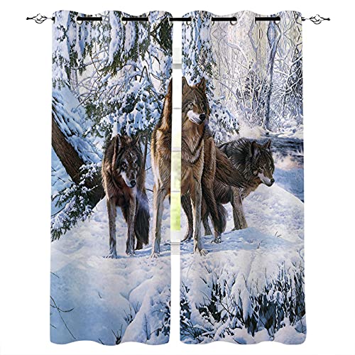 ADKMC Blickdichte Vorhänge, Verdunkelungsvorhang - Schneeszene Tiere Wolf 140X100Cm - Blickdichter Vorhang Mit Ösen, Polyester Mit 3D-Druck, Für Schlafzimmer, Geräuschreduzierung 2 Stück von ADKMC