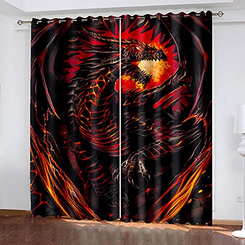 ADKMC Blickdichte Vorhänge, Verdunkelungsvorhang - Tier Drache Rot Kunst 220X215CM - Blickdichter Vorhang Mit Ösen, Polyester Mit 3D-Druck, Für Schlafzimmer, Geräuschreduzierung 2 Stück von ADKMC