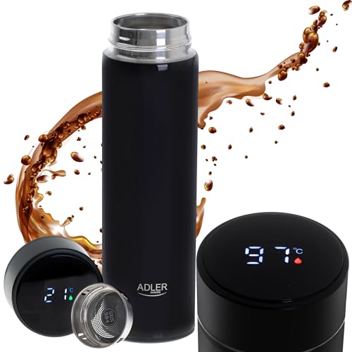 ADLER EUROPE AD4506BK Thermobecher, Kaffee- und Teeflasche Inhalt 473ml, heiß bis 8 Stunden, kalt bis 12 Stunden, Temperaturanzeige, Kaffeeseparator, Edelstahl von ADLER EUROPE